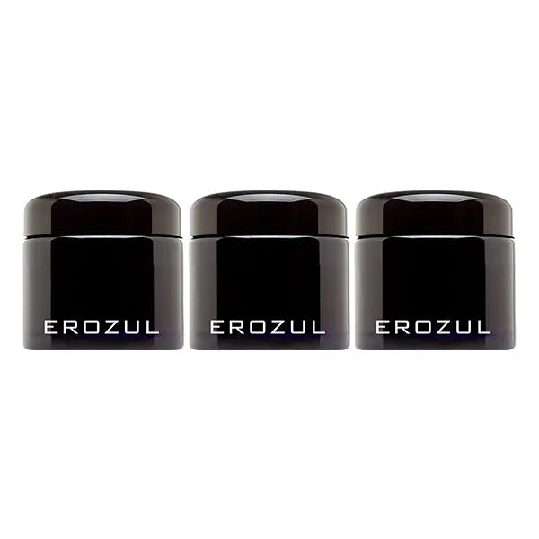 Three Erozul 60ml Screw Top Wide Mouth Glass UV Jars (3 Pack) are arranged in a row, featuring airtight lids and a black finish, displayed on a white background.